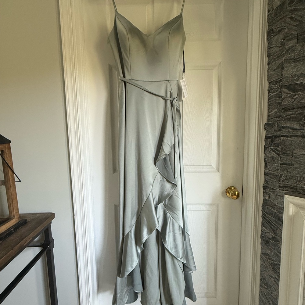 SORELLA VITA Satin Ruffle Slip Maxi Dress in Light Sage